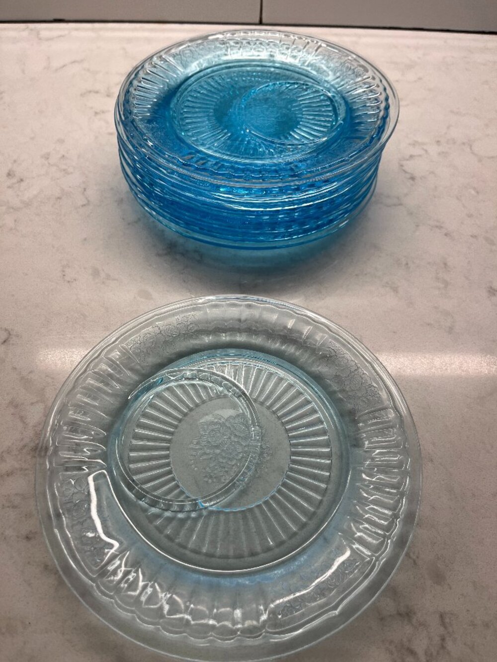 (8) Anchor Hocking 1930’s Mayfair “Open Rose” Ice Blue ROUND SNACK PLATES
